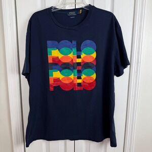 Polo Ralph Lauren Mens XL Classic Fit Navy Blue Multi Color Logo Graphic T-Shirt